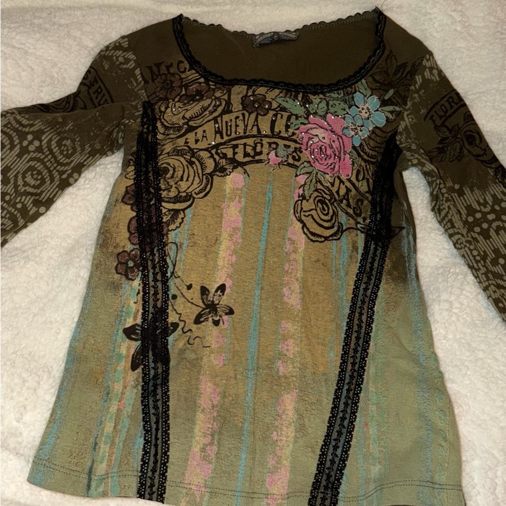 Y2K Vanilla Sugar XS Black lace Floral Long/mid Sleeve Top